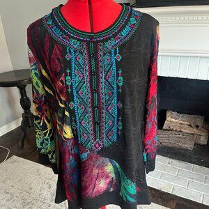 Calessa Boho Black Crushed Velvet Assymetrical Colorful Tunic Top Sz Large